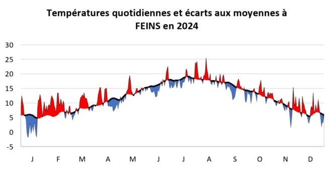 graphique températures quotidiennes et écarts aux moyennes à Feins en 2024